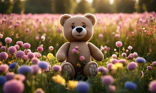 3d teddy bear in a field of flowers digital art