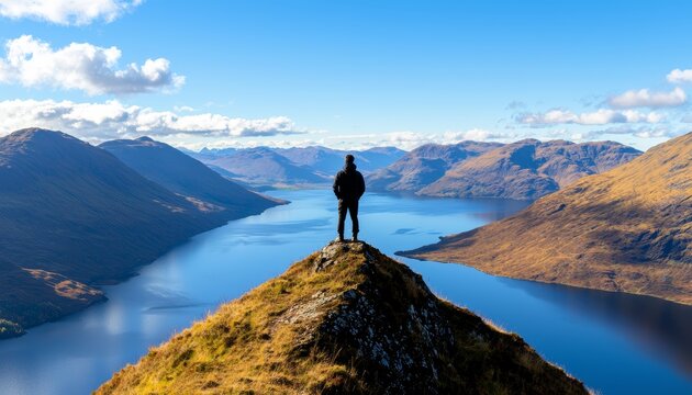 A lone figure standing on a mountain peak, overlooking a serene lake surrounded by majestic mountains under a bright blue sky.