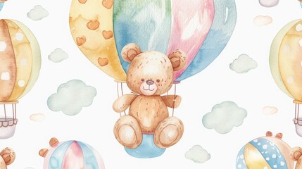 Teddy bear flying a rainbow balloon