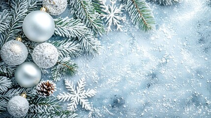 Fototapeta premium Merry Christmas and New Year. Christmas design. Fir branches, shiny gold balls, confetti and baubles. Christmas background. Festive composition