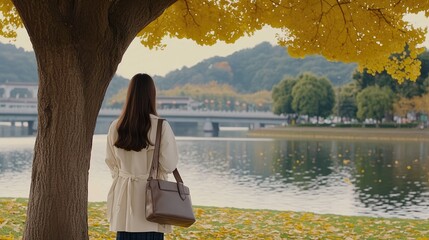 On a university campus, a girl with long brown hair enjoys the autumn scenery, holding a tree branch while surrounded by colorful leaves and a serene water view