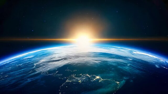 Stunning Earth View from Space with Sunrise Over Horizon, Beautiful Cosmic Scene Capturing the Planet and Celestial Light.