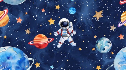 A space astronaut with planets on a blue background