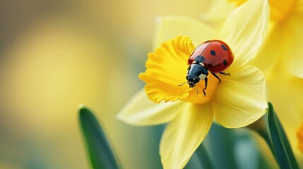 Fototapeta premium A ladybug perches on a vibrant yellow daffodil in a sunny garden during springtime