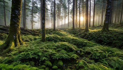 Sunlight filters through trees illuminating a misty forest with lush green ferns in the early morning. Generative AI