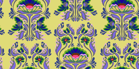 Ukrainian folk art flower motley ornament ethnic motifs vector seamless overlapping pattern stylized Petrykivka painting rapport