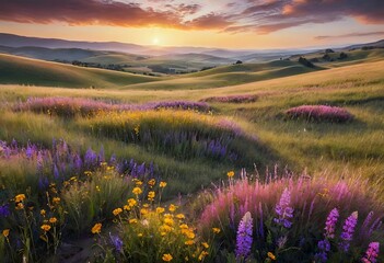 Obraz premium Vibrant wildflowers bloom under a colorful sunset in rolling hills, creating a serene landscape at dusk. Generative AI