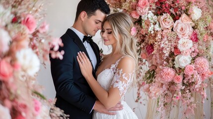 A romantic couple embraces in front of a stunning floral arrangement, capturing the essence of love and elegance on their special day.