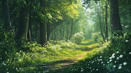 Fototapeta premium Lush green forest path with sunlight filtering through trees and wildflowers blooming in springtime