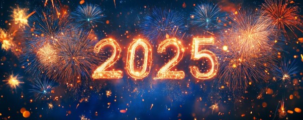 Celebratory fireworks illuminate the night sky as the year 2025 is portrayed in sparkling digits, symbolizing hope and new beginnings.