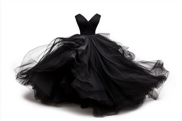 black dress with a long train is shown in a white background. The dress is flowing and has a dramatic look to it