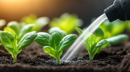Closeup of a hand watering young green plants growing in rich soil. The water flows from a watering can, symbolizing growth and nurturing.