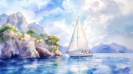 Sailboat cruising through a watercolor landscape with mountains and clouds.