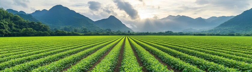 Green field rows with mountain backdrop.