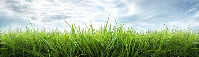 Green grass field against a cloudy sky.