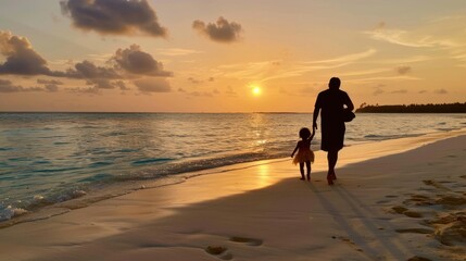 Naklejka premium Father with little daughter walks along the seashore at sunset 