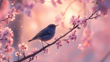 Obraz premium A small bird perched among delicate cherry blossoms during a serene sunset in springtime