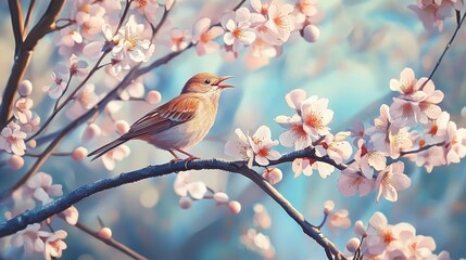 Fototapeta premium A small bird perched among delicate cherry blossoms during a serene sunset in springtime