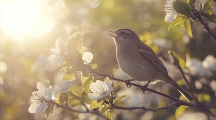 Fototapeta premium A small bird perched among delicate cherry blossoms during a serene sunset in springtime