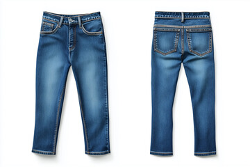  jeans are blue and have a zipper pocket. The jeans are on a white background