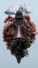 Surrounded by rich colorful, a grand red temple hovers above the clouds, linked to the heavens by a beautifully detailed staircase.