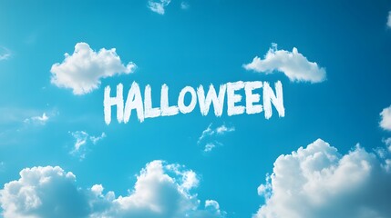 The Phrase "Happy Halloween" Written in the Sky in the Form of a Cloud, with Bat and Vampire, Abstract Image, Texture, Pattern Background, Wallpaper, Cover and Screen of Smartphone, PC, Laptop, Format