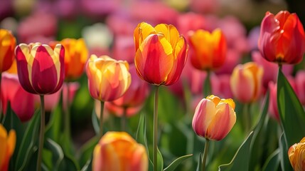 Vibrant tulip garden bathed in sunlight during a serene spring morning in a lush woodland area