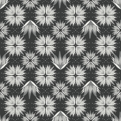 Black and white pattern with floral starbursts, geometric lines, and dots. Modern monochrome bold design is sophisticated and timeless. Fine line art is elegant yet rustic.