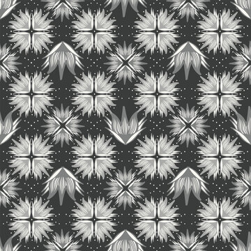 Black and white pattern with floral starbursts, geometric lines, and dots. Modern monochrome bold design is sophisticated and timeless. Fine line art is elegant yet rustic.
