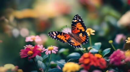 Naklejka premium A vibrant butterfly feeding on colorful flowers in a lush garden during a sunny afternoon