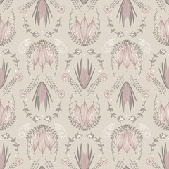 A neutral floral seamless pattern featuring beige, pink, and muted green tones with hand-drawn, symmetrical botanical elements. Elegant and vintage-inspired, perfect for those drawn to soft, romantic.