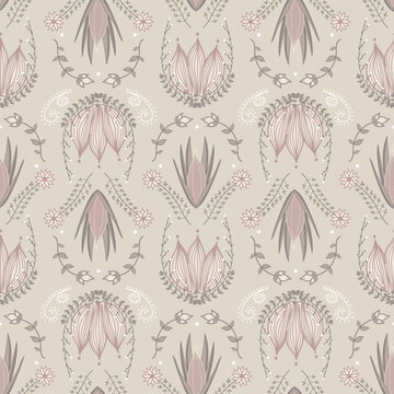 A neutral floral seamless pattern featuring beige, pink, and muted green tones with hand-drawn, symmetrical botanical elements. Elegant and vintage-inspired, perfect for those drawn to soft, romantic.