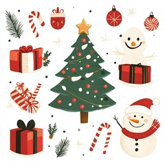 Festive Christmas Tree with Snowmen and Gifts Illustration for Holiday Season.