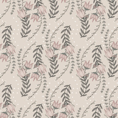 A seamless pattern with soft pink flowers and delicate vines on a beige background. The hand-drawn floral design evokes elegance, romance, and nature, perfect for modern and vintage styles.