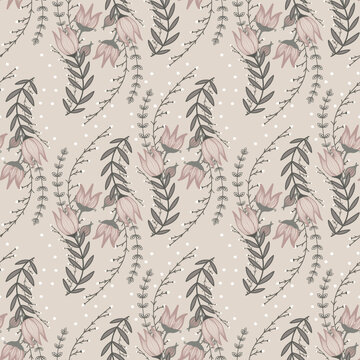A seamless pattern with soft pink flowers and delicate vines on a beige background. The hand-drawn floral design evokes elegance, romance, and nature, perfect for modern and vintage styles.