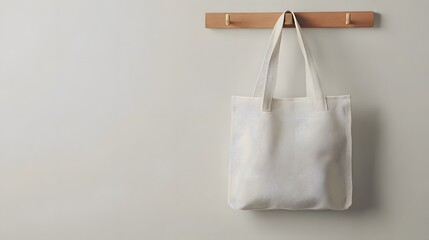 A minimalist white tote bag hanging on a wooden hook against a light wall, exemplifying simplicity and modern design.