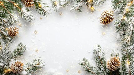 Merry Christmas and New Year. Christmas design. Fir branches, shiny gold balls, confetti and baubles. Christmas background. Festive composition