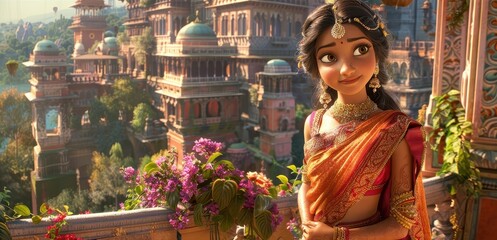 A young girl in traditional attire stands on a balcony adorned with flowers, overlooking a beautiful, bustling cityscape filled with majestic architecture.
