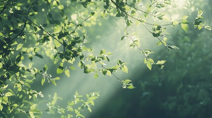 Sunlight filtering through vibrant green leaves in a serene forest during the early morning hours creates a tranquil atmosphere