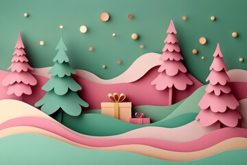 Colorful paper art of pine trees and gift boxes in a festive landscape, perfect for holiday themes.