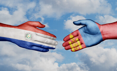 Mongolia and Paraguay country handshaking with flags, consensus concept international co-operation illustration