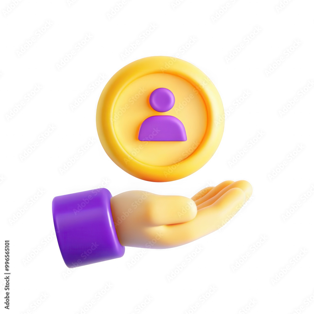 Poster a colorful 3d rendering depicting a hand holding an icon representing a user profile. the design fea