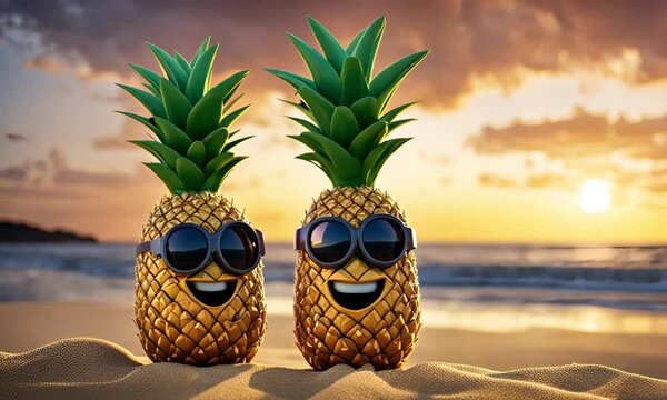 3d pineapple cartoon characters on the beach at sunset digital art