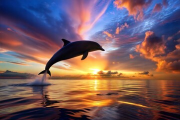 Dolphin leaping out of ocean at colorful sunset