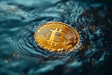 Bitcoin coin splashing in water, representing cryptocurrency and finance