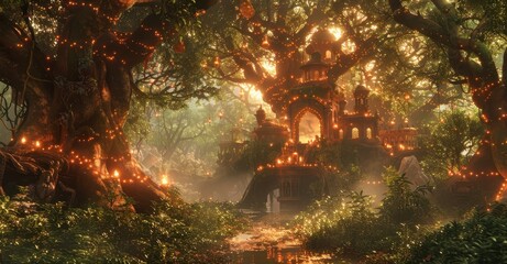 A magical forest scene filled with glowing lights, ancient trees, and a mystical, enchanted structure, creating a serene and whimsical atmosphere.
