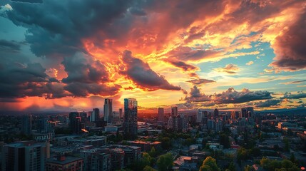 Fototapeta premium Stunning sunset over a city skyline with dramatic clouds painted in vibrant hues during twilight hours above urban landscape