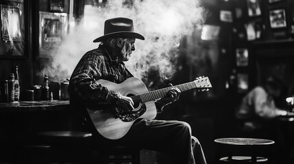 A musician plays guitar in a smoky bar, creating an intimate atmosphere on a quiet evening