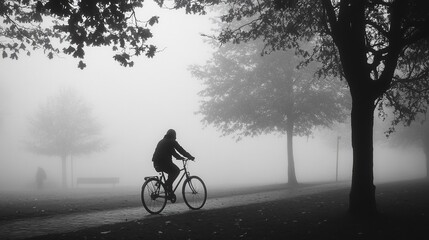 Obraz premium A cyclist rides through a foggy park surrounded by trees on a quiet morning