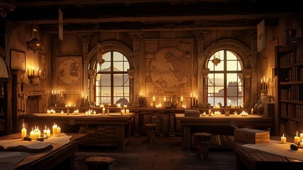 A rustic, dimly lit room filled with candles, tables, and books, creating a cozy, inviting atmosphere reminiscent of a library or study.